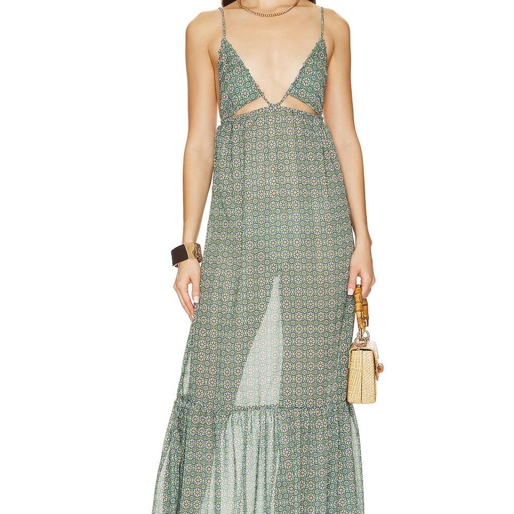 Lovers and friends XS Marina Del Rey Maxi Dress Green Spanish Tiles Sheer